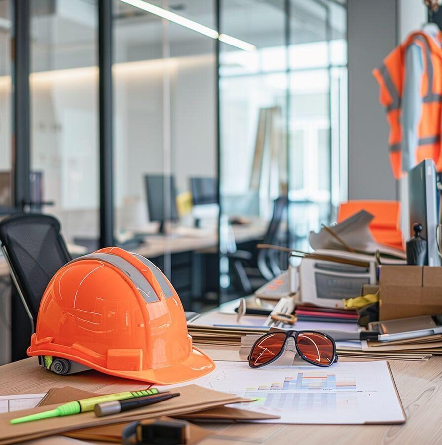 Site desk with hard hat, safety glasses and project documents