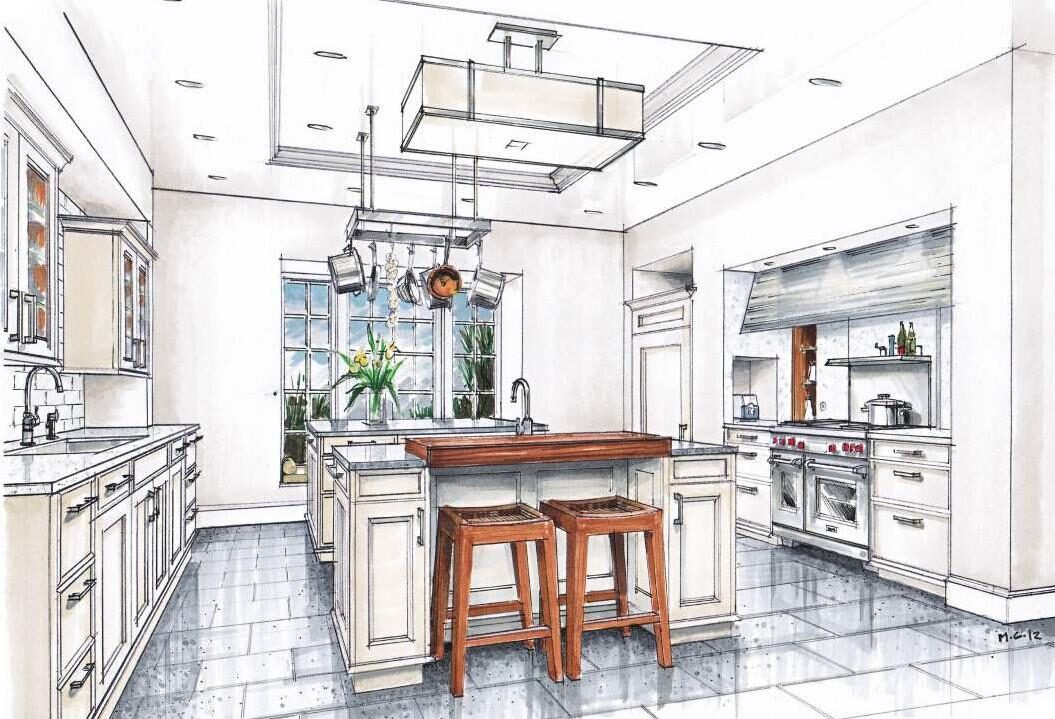 Architectural rendering of a luxury kitchen with central island and bespoke cabinetry